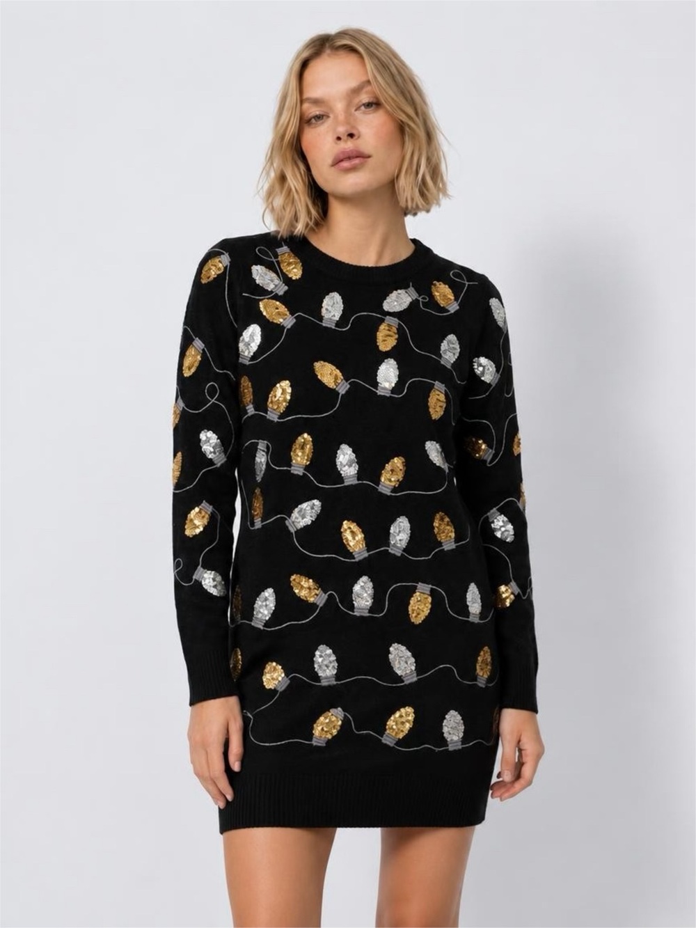 TIPSY ELVES SMALL BLACK MINI DRESS Sequin Light Bulb Sweater Dress NWT